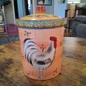 Vtg Jay Import CO. Handpainted Rooster Decor Cookie Jar Canister Crock w/Lid 7"t